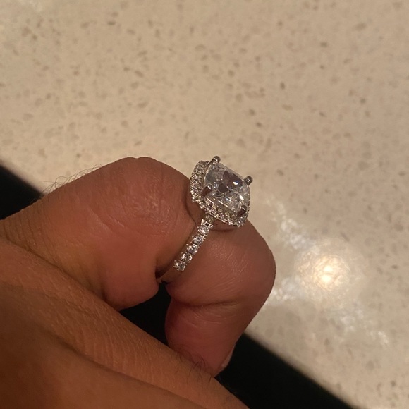 Halo Princess Cut Engagement Ring Stamped 925 Silver Partial Pave Band Two Sizes - Picture 13 of 15